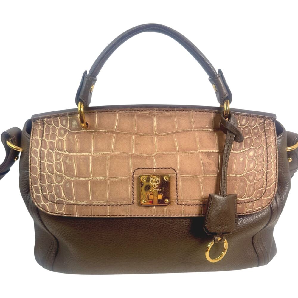 Vintage MCM Brown Pebbled Leather Croc Embossed Satchel Crossbody Bag